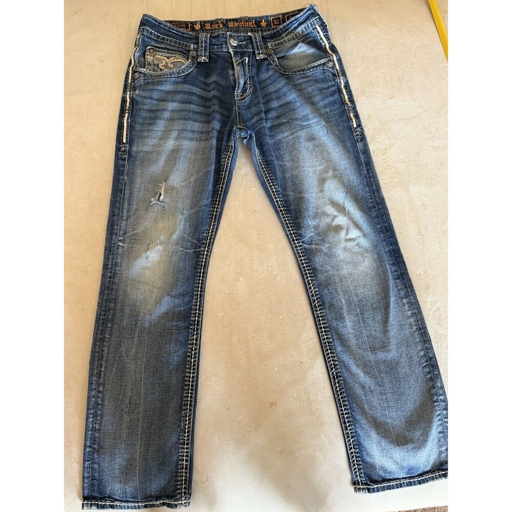 Rock Revival Ocean Red Straight Jeans Men’s 32 Distressed Flap Pockets 29